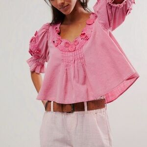 Free People Pink Boho Embroidered Applique Blouse Floral Lace Puff Sleeve XS